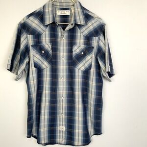 Levi's Sz Medium Blue Plaid Pearl Snap Short Sleeve Button Up Western Shirt